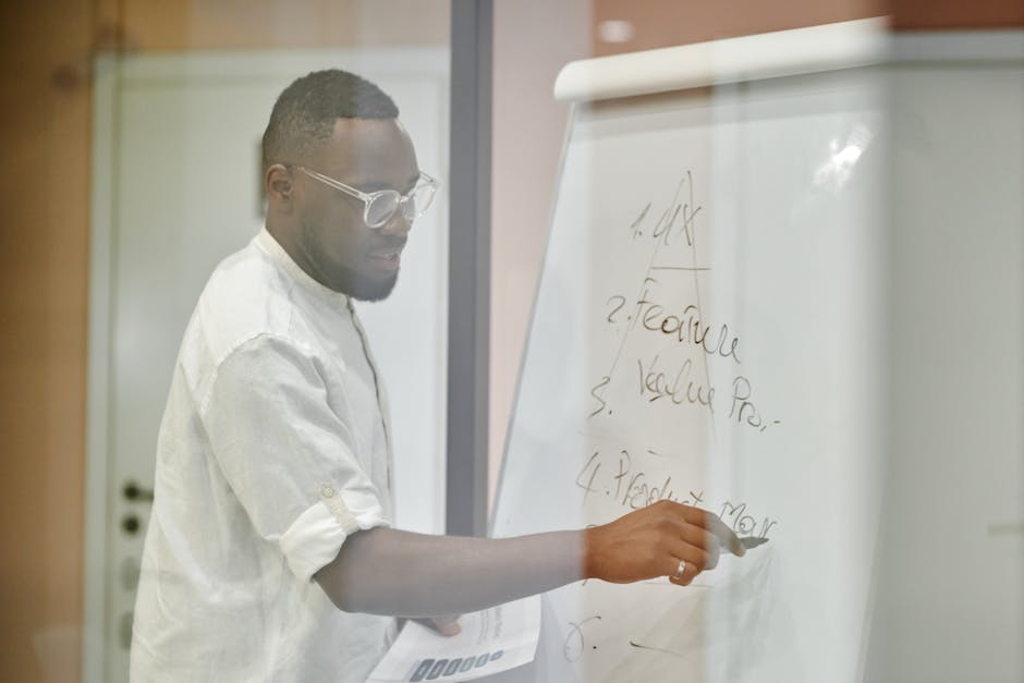 Professional man presenting business strategy on a whiteboard in a modern office setting.