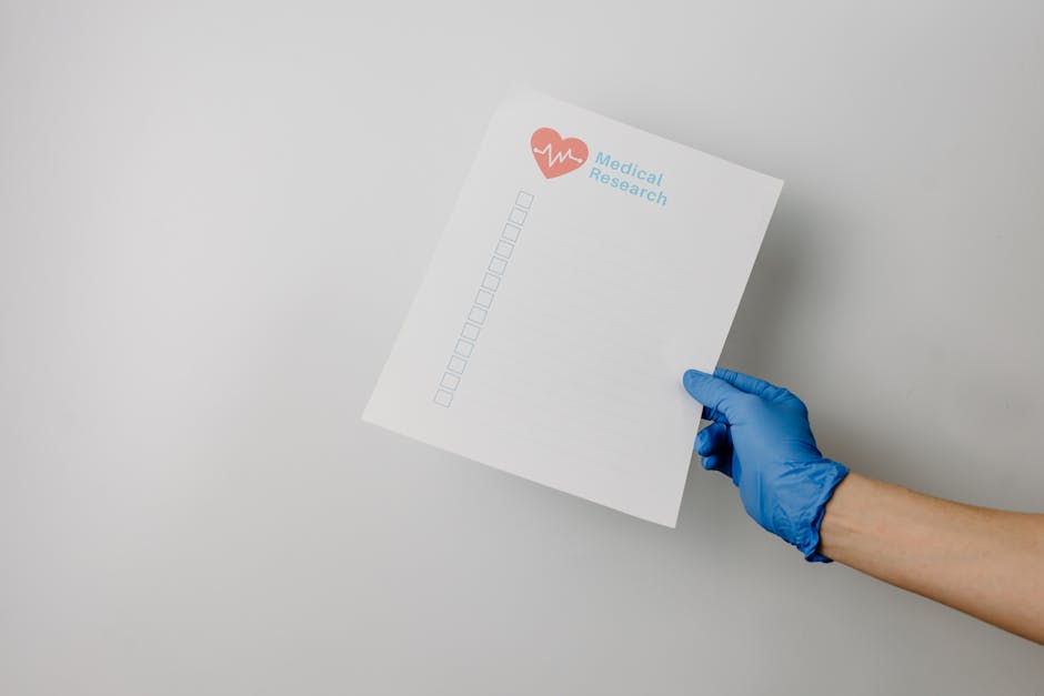A gloved hand holding a paper titled 'Medical Research' with checkboxes.